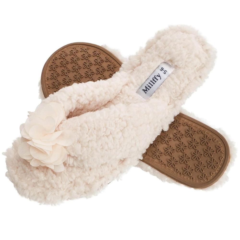 Plush Cozy Faux Shearling Thong Slide On Sherpa Womens Flip-Flops Slippers with Flowers