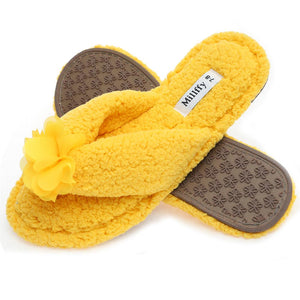 Plush Cozy Faux Shearling Thong Slide On Sherpa Womens Flip-Flops Slippers with Flowers