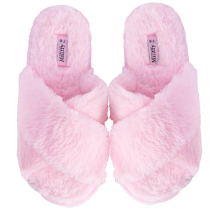 Millffy cross band slipper fuzzy fluffy open toe slippers flip flop slippers for women indoor bedroom slippers
